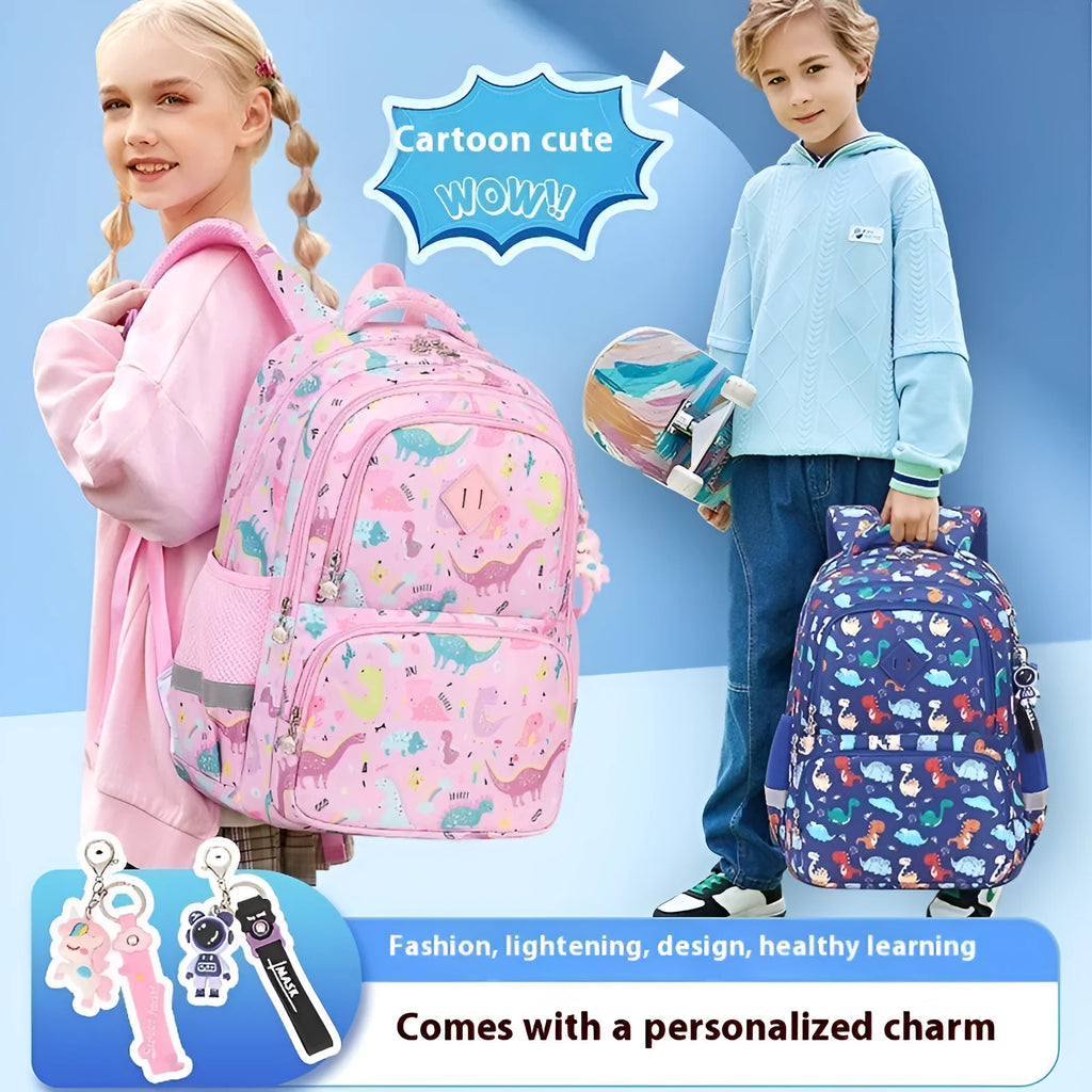 Blue dinosaur pattern children's waterproof school backpack with curved straps on a white background.