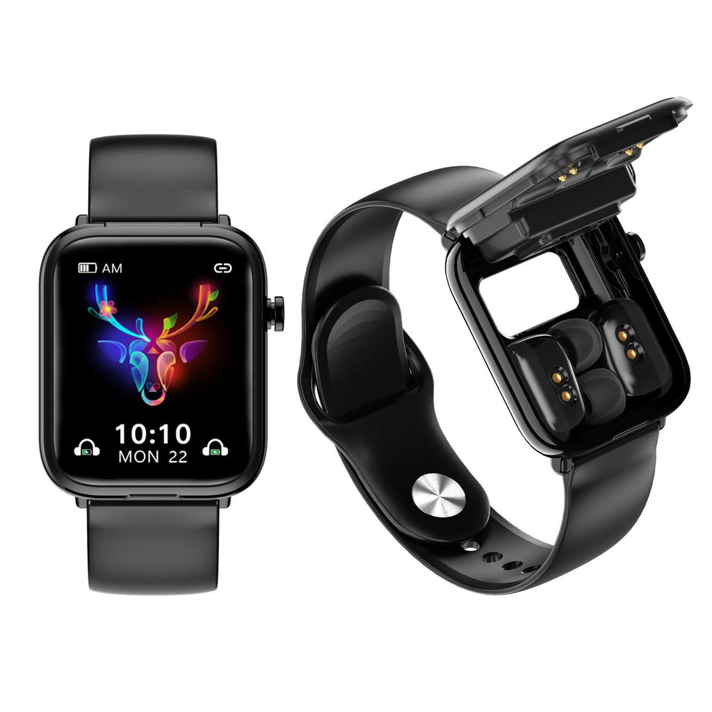 Black zinc alloy smartwatch with 1.69-inch touchscreen and Bluetooth earbuds in charging case.
