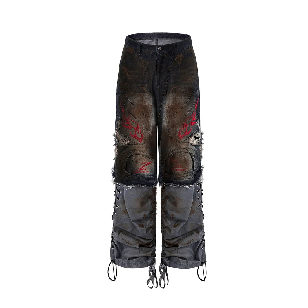 Men's wide-leg jeans with detachable trouser legs showing convertible design