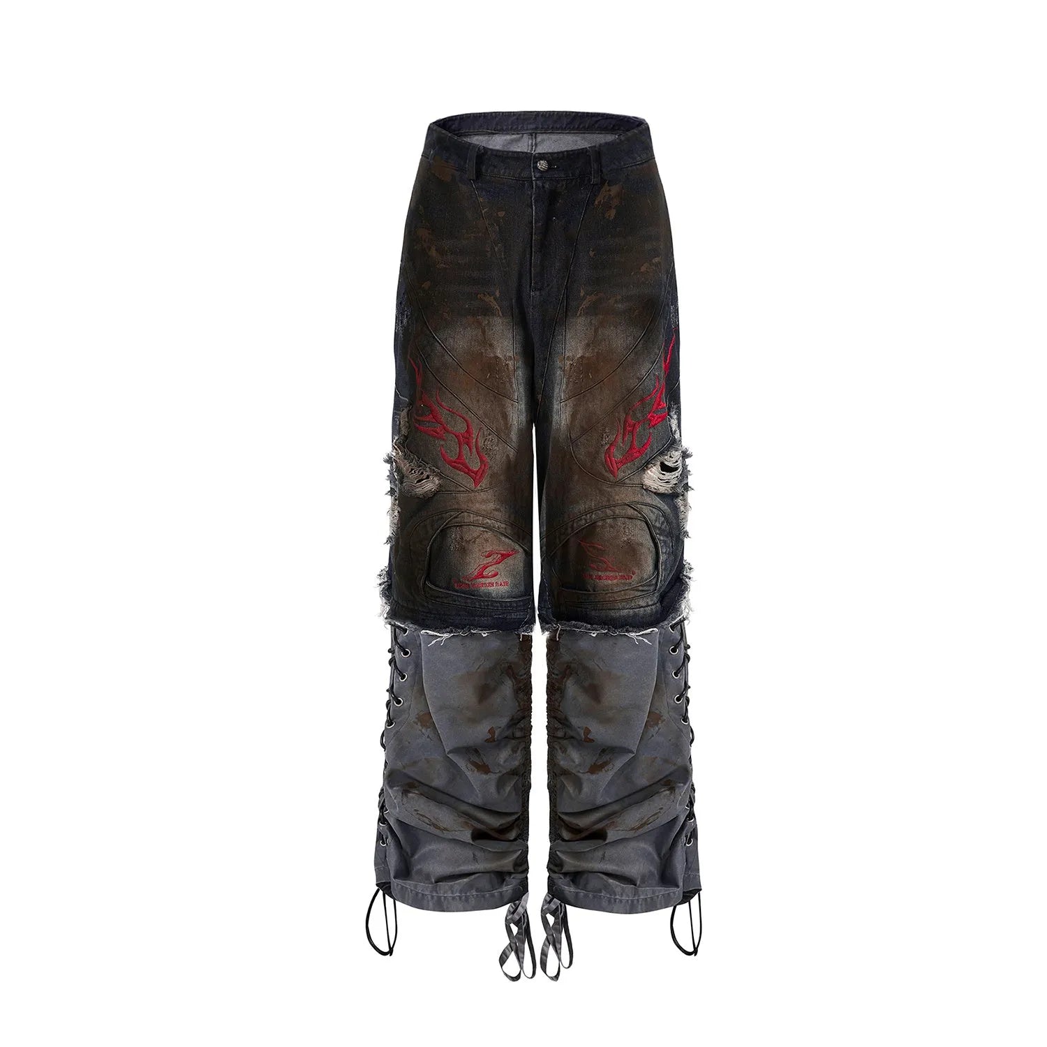 Men's wide-leg jeans with detachable trouser legs showing convertible design