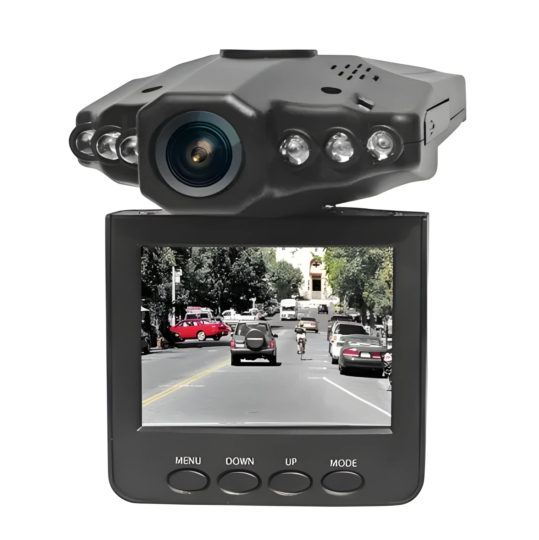 H198 model car dash camera with 2.4-inch screen and infrared lights for night vision recording.