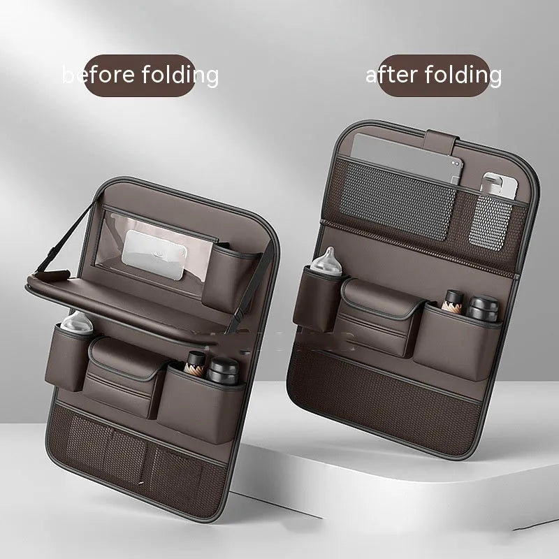 Leather car seat storage bag in black with handle and foldable dining table