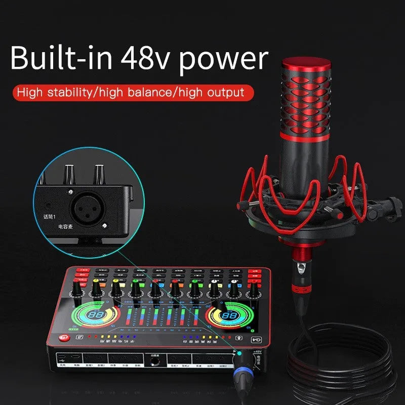 G4 professional singing sound card set with LCD display, microphone, and remote control on a desk.