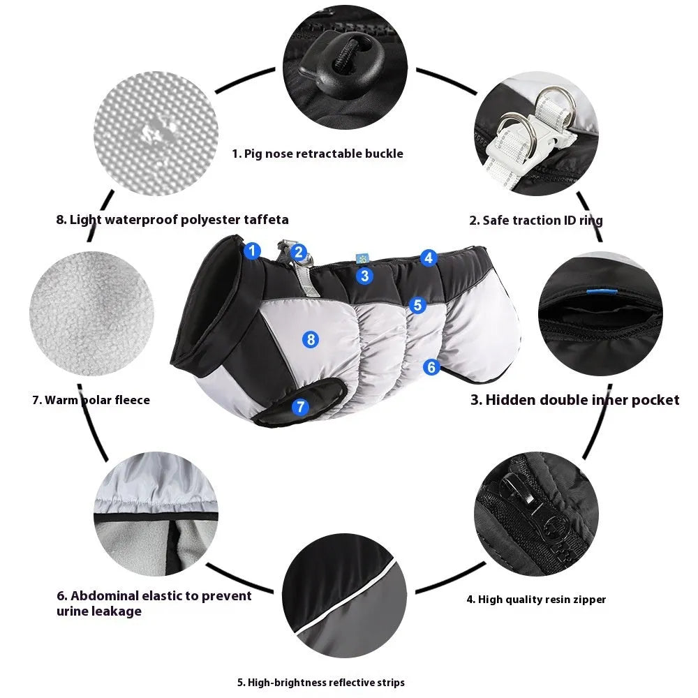 Waterproof reflective polar fleece winter coat for a large dog in casual style.