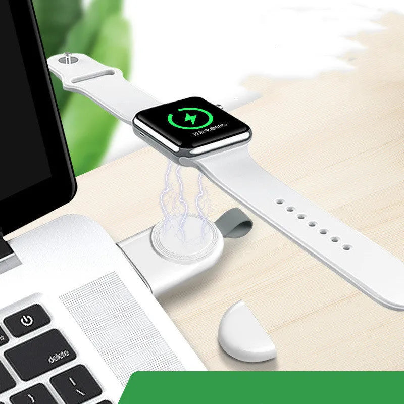 White portable wireless charging dock station for Apple Watch with USB cable.