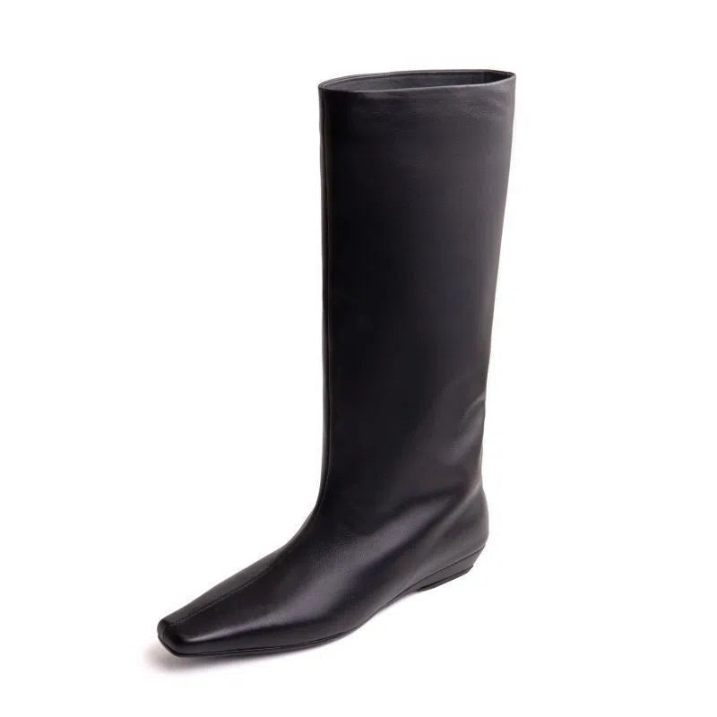Women's black artificial PU leather knee-high boots with square toe, chunky heel, and non-slip rubber sole