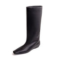 Women's black artificial PU leather knee-high boots with square toe, chunky heel, and non-slip rubber sole