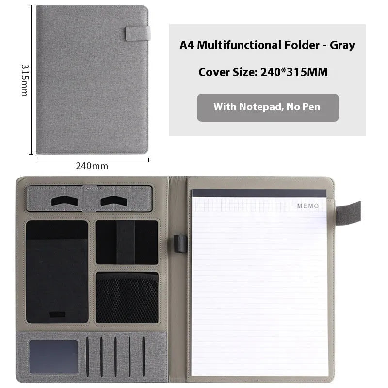Black leather A4 multifunction folder for documents with optional pen and notepad.