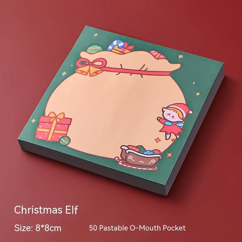 Christmas cartoon sticky notes set showing elf, gift, sled, crystal ball, Santa, house, bear, and snowman designs