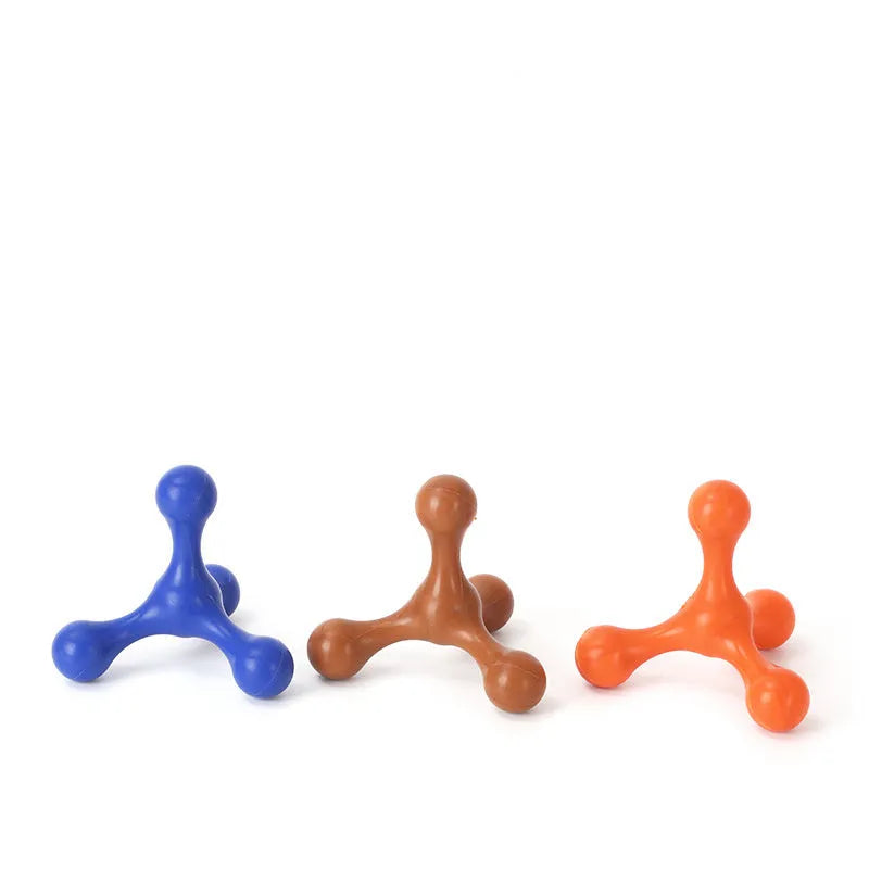 Blue silicone dog chew bone with three legs for small and medium teething puppies
