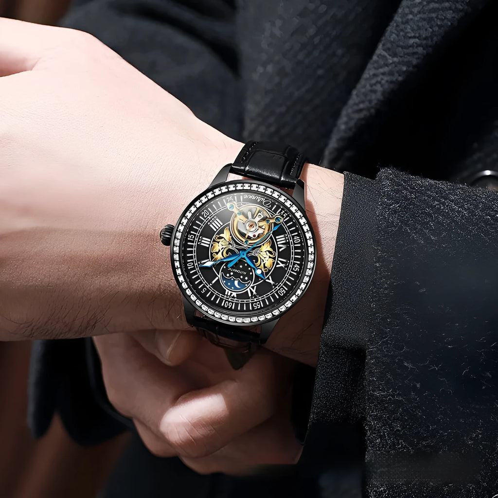 Men's waterproof mechanical watch with stainless steel strap and round dial showing visible movement through transparent case back