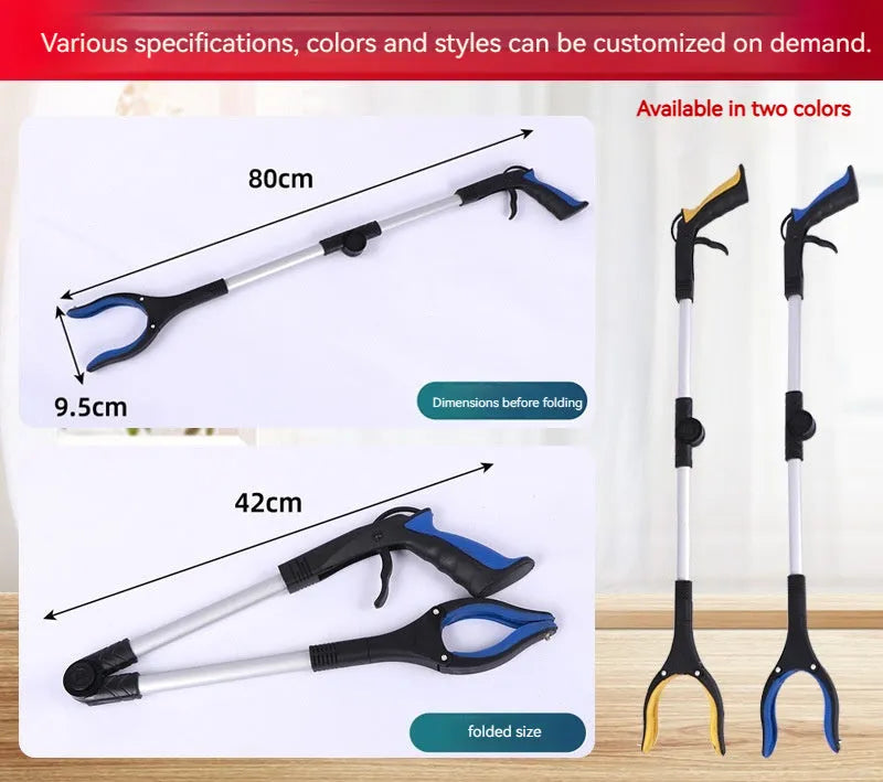 Foldable silver aluminium garbage clamp with blue handle, shown extended and with magnet sucker detail.