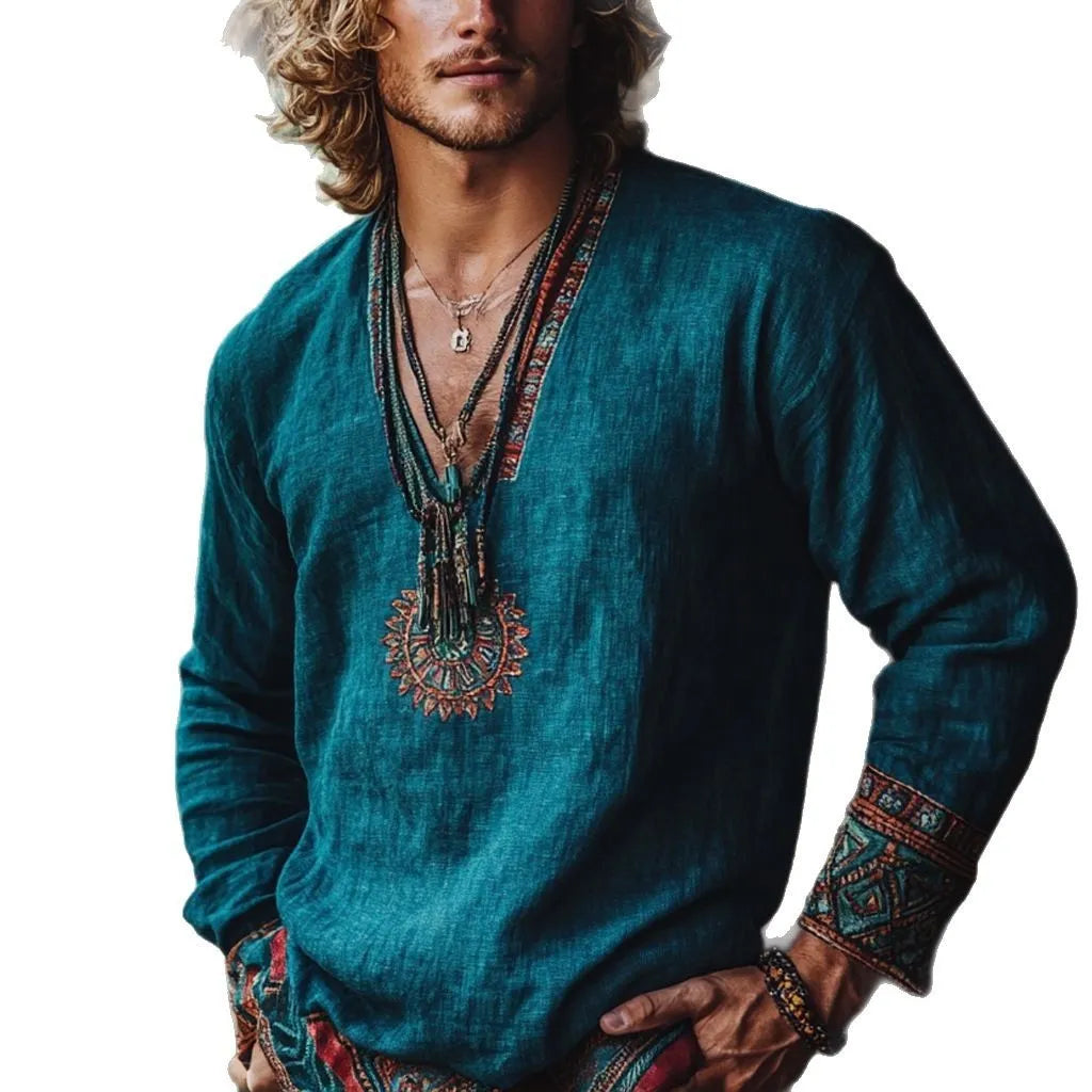 Vintage printed boho style long sleeve pullover in polyester fabric with European retro design