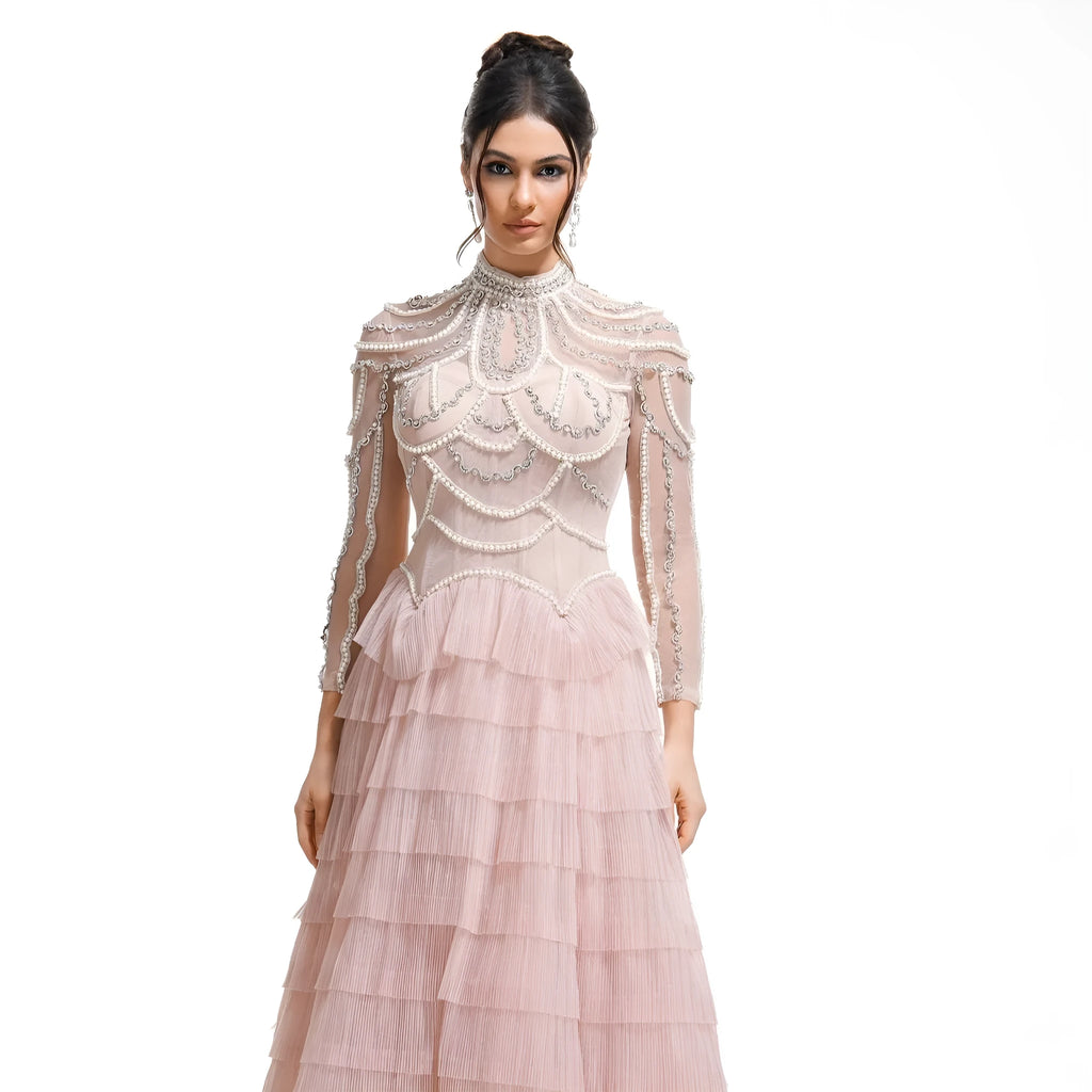 Black women's beaded long sleeve polyester dress with mid-waist and long skirt for formal occasions