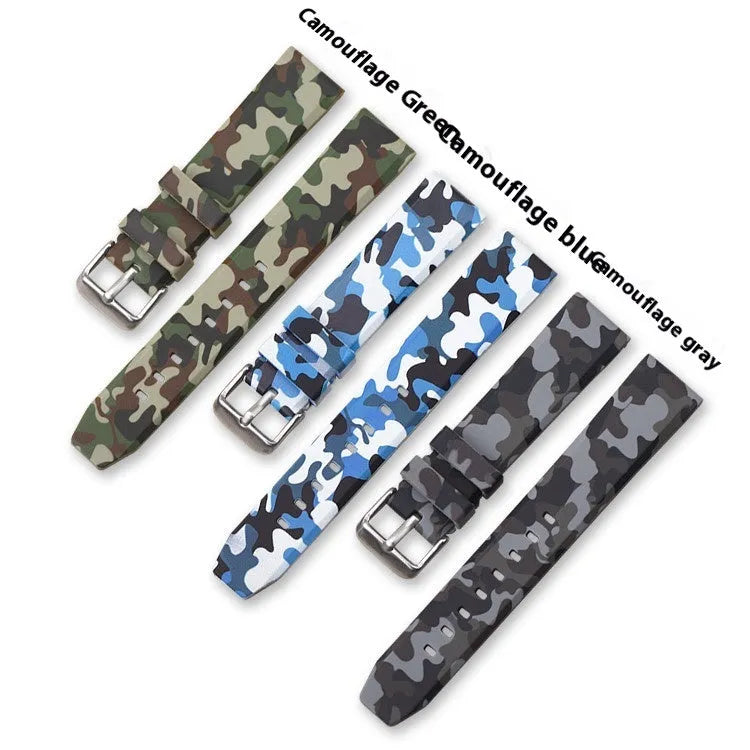 Camouflage silicone watch strap in green, blue, and grey patterns showing flat head lugs and 20mm 22mm 24mm size options