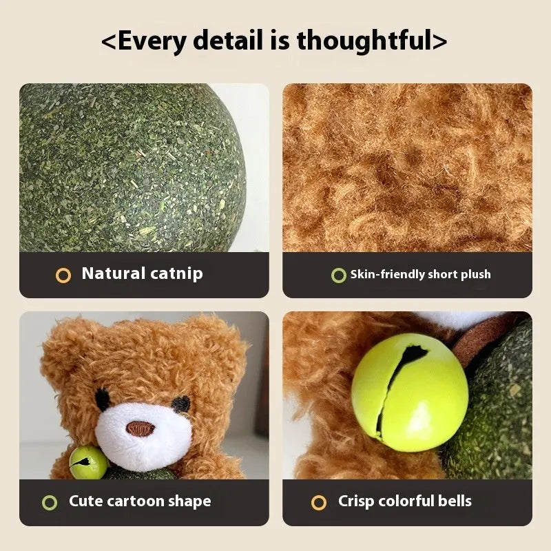 Plush catnip toy shaped like a small doll with a mint ball, in brown bear, pink rabbit, green frog or piyopiyo colour.