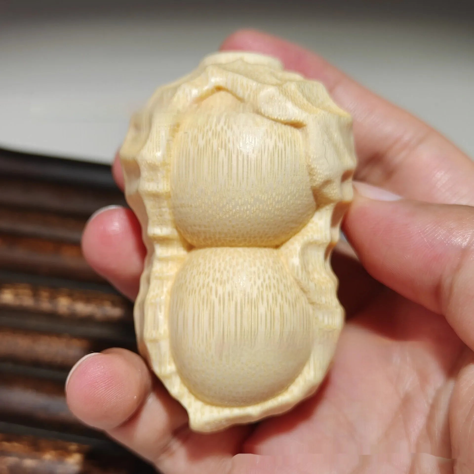 Solid bamboo carving peanut ornament with engraved good luck message for home decoration