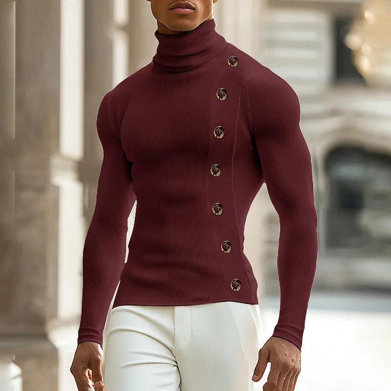 Men's casual slim fit turtleneck sweater with front buttons in black, side view