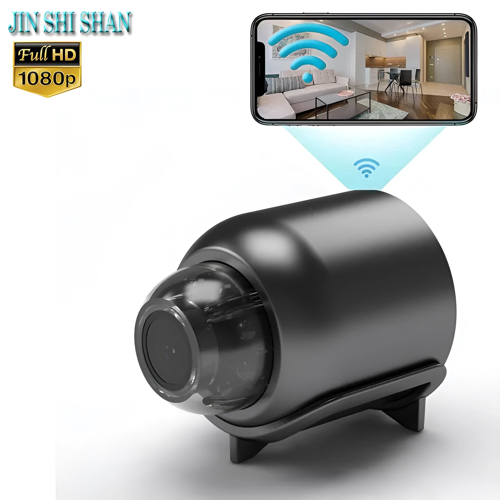 Black cylindrical 1080P WiFi indoor camera with infrared night vision and human detection, 2.8mm lens