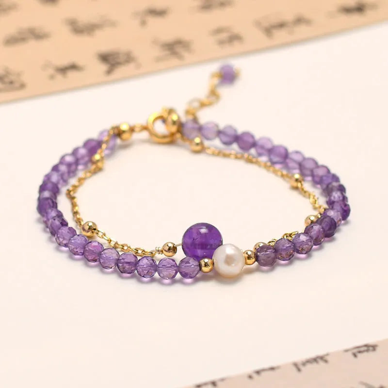 Women's Chinese style bracelet with diamond-shaped crystal beads in electroplated amethyst colour