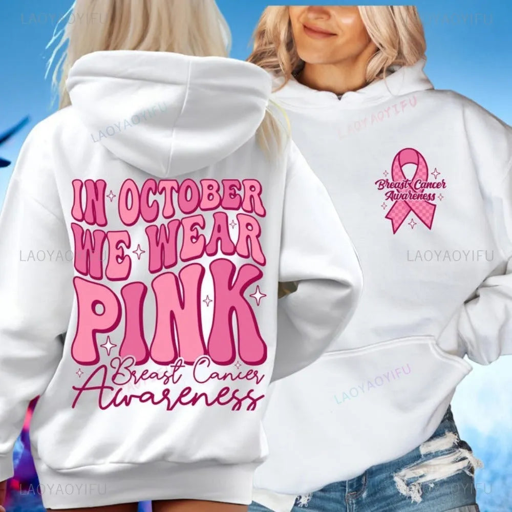 Pink Breast Cancer Awareness pullover hoodie with art retro design and a side seam pocket.