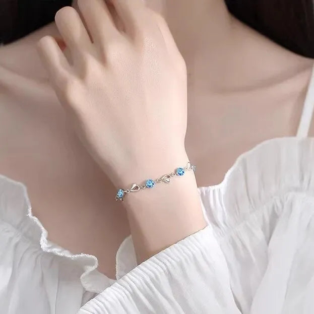 Blue diamond heart necklace and bracelet set with gem inlay on copper chain