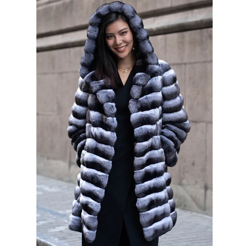 Women's mid-length zebra stripe faux fur overcoat with Japanese Korean casual style