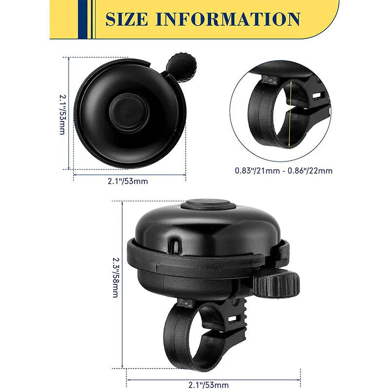 Black ABS bicycle bell with 58mm diameter and a metal mounting fixture.