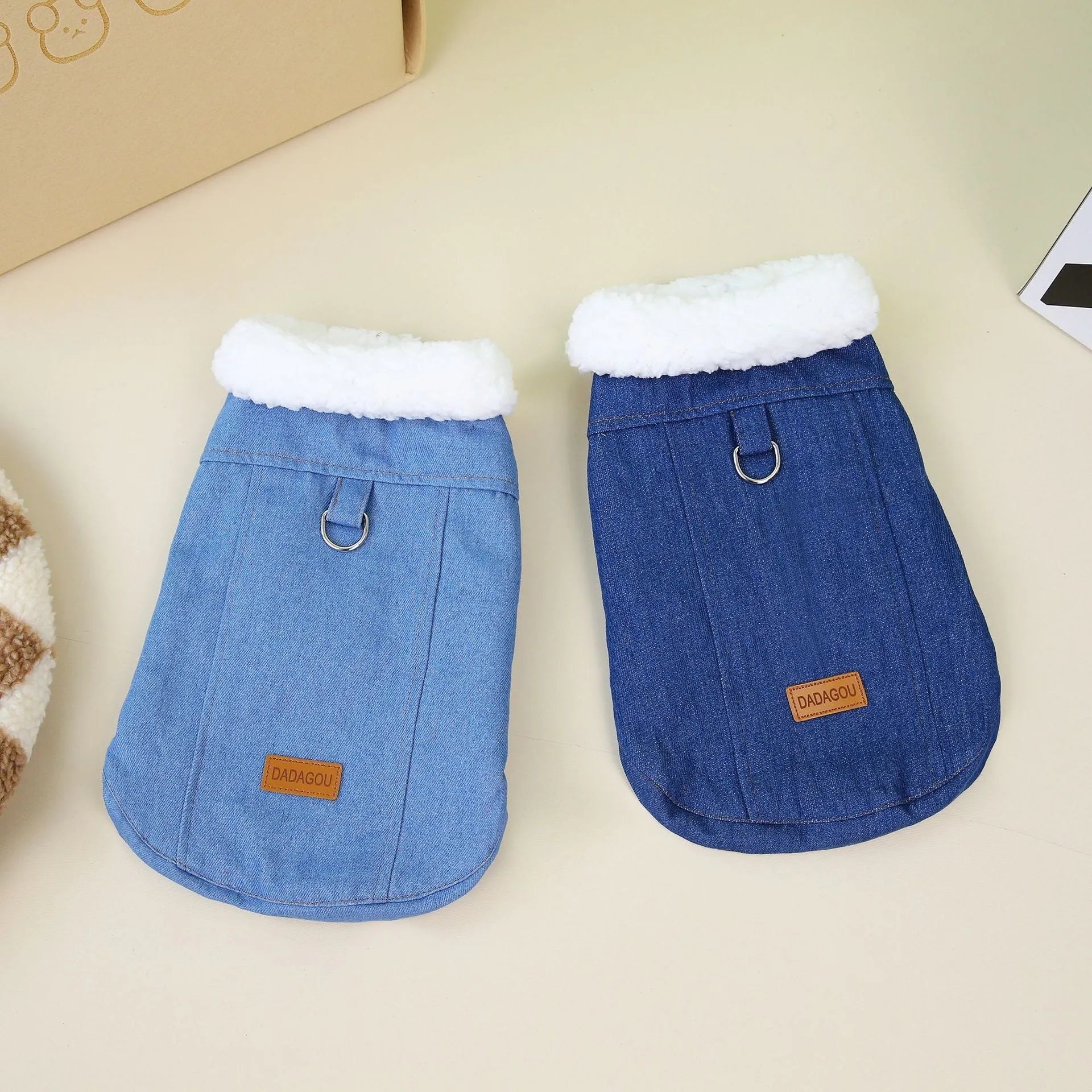 A dark blue denim cotton coat for a Welsh Corgi dog, shown in size L.