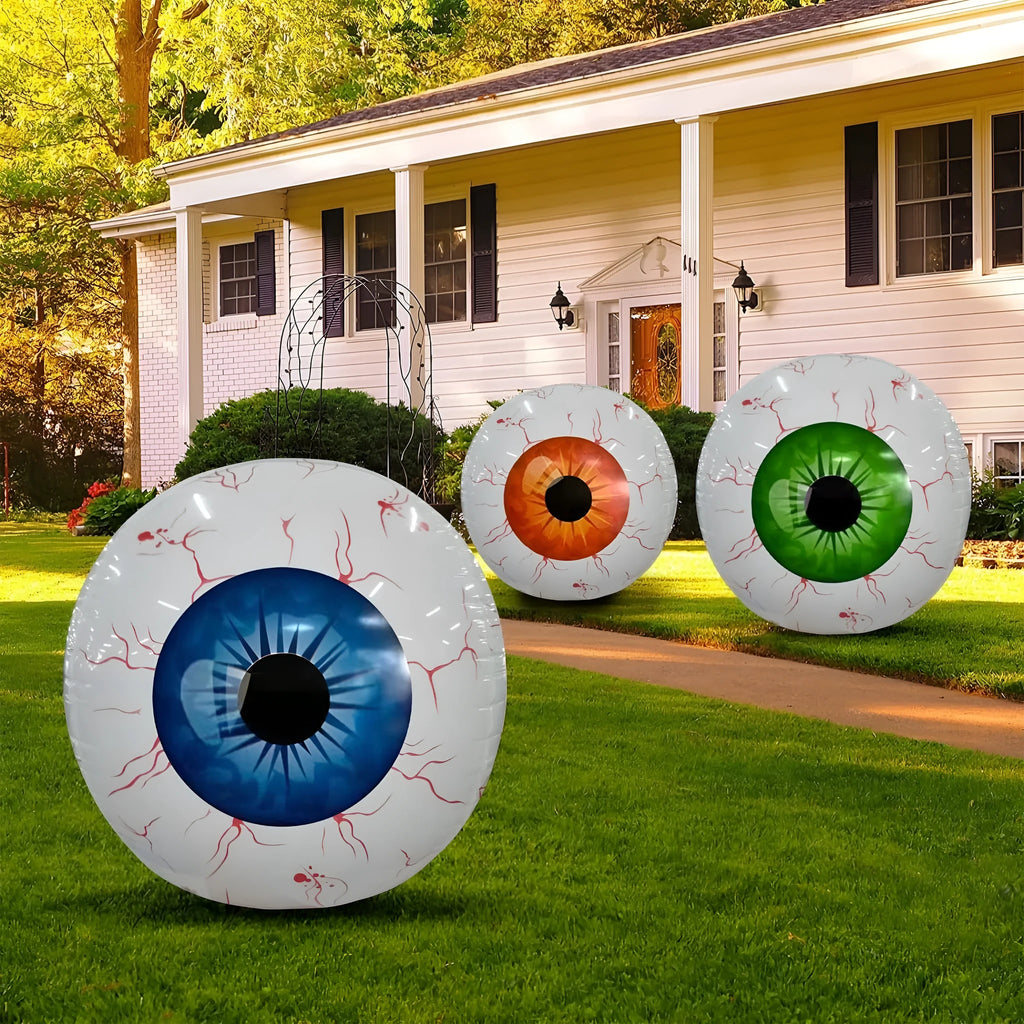 Green Halloween eyeball balloon inflatable with red bloodshot veins pattern