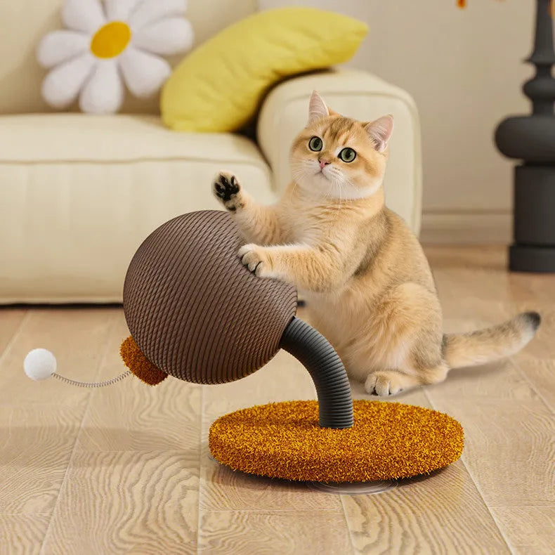 Large and small size hemp rope cat scratcher board with attached cat grasping ball toy.