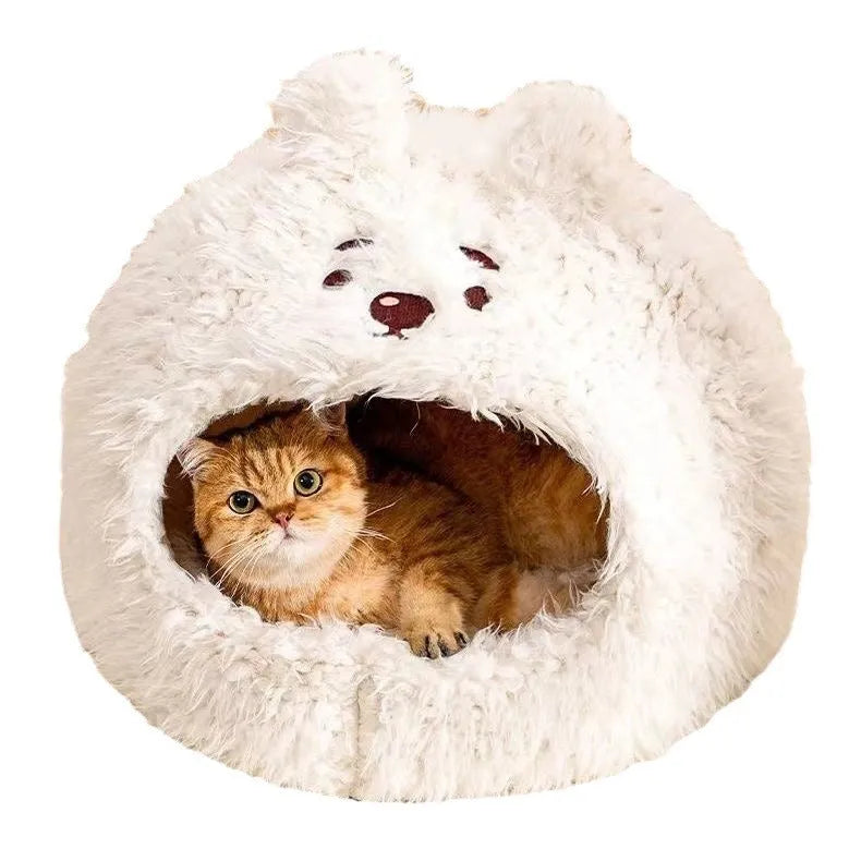 Semi-enclosed plush cat litter kennel tent in bear pattern, shown in a room setting.