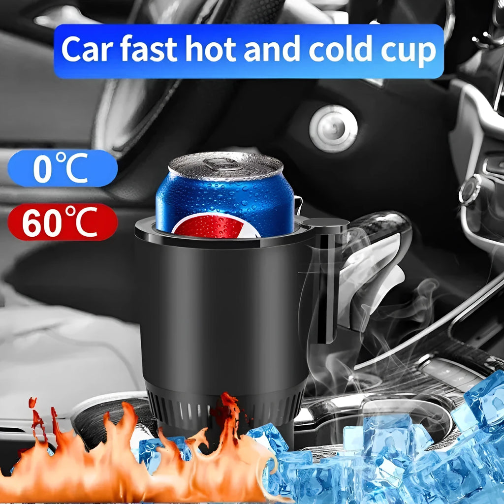 Black car cup holder with digital temperature display showing heating and cooling functions for 12V vehicle use
