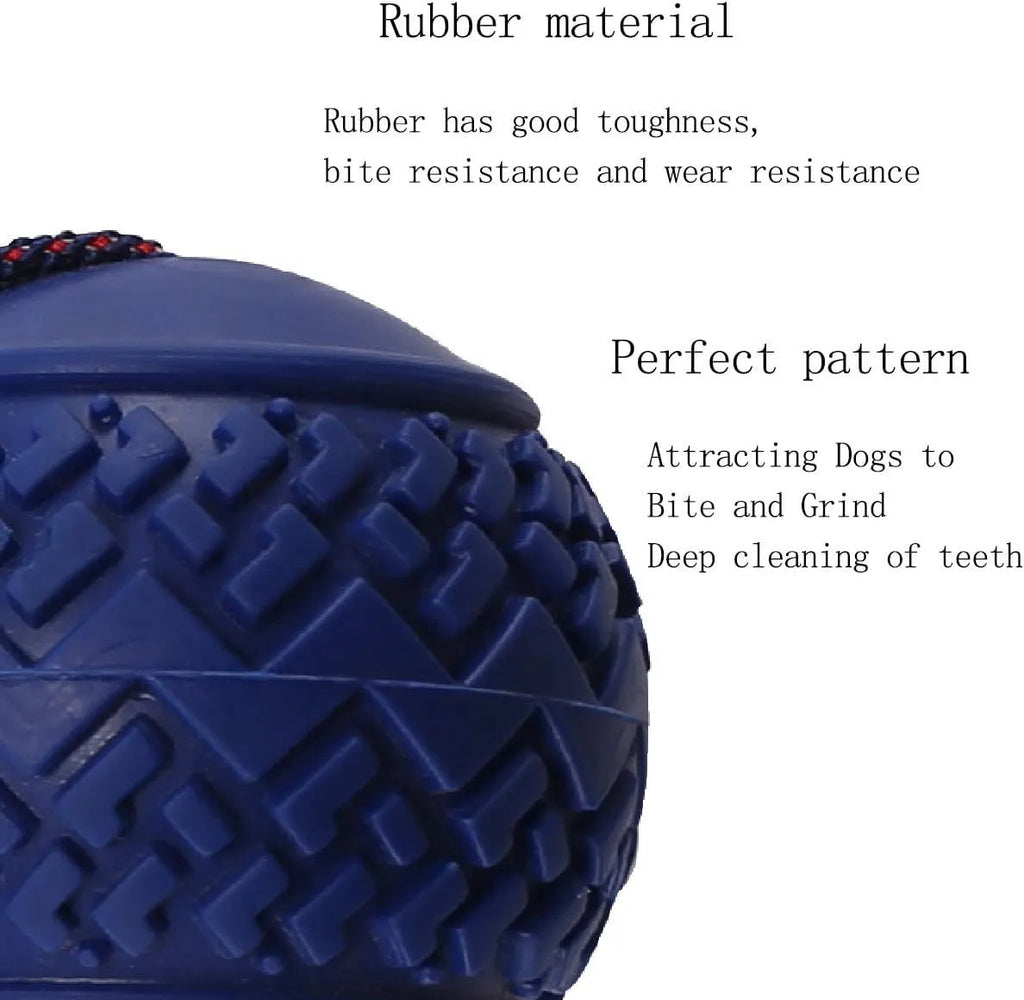Blue and red natural rubber dog ball attached to a rope for tug-of-war and teeth cleaning.
