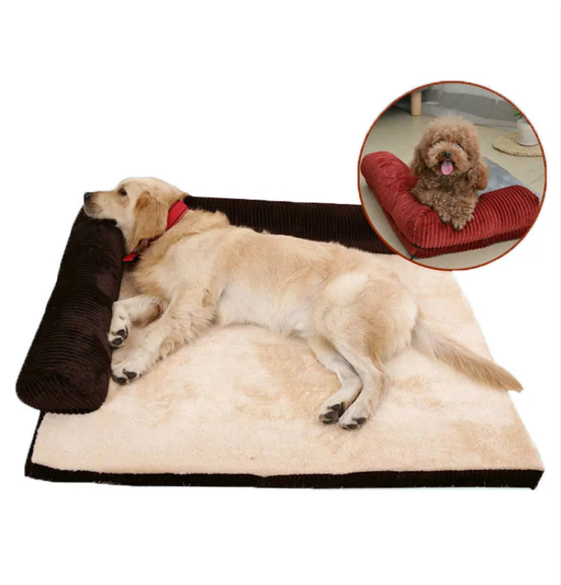 Corduroy bolster dog bed in grey colour with a non-slip base, shown in a large size for big dogs.
