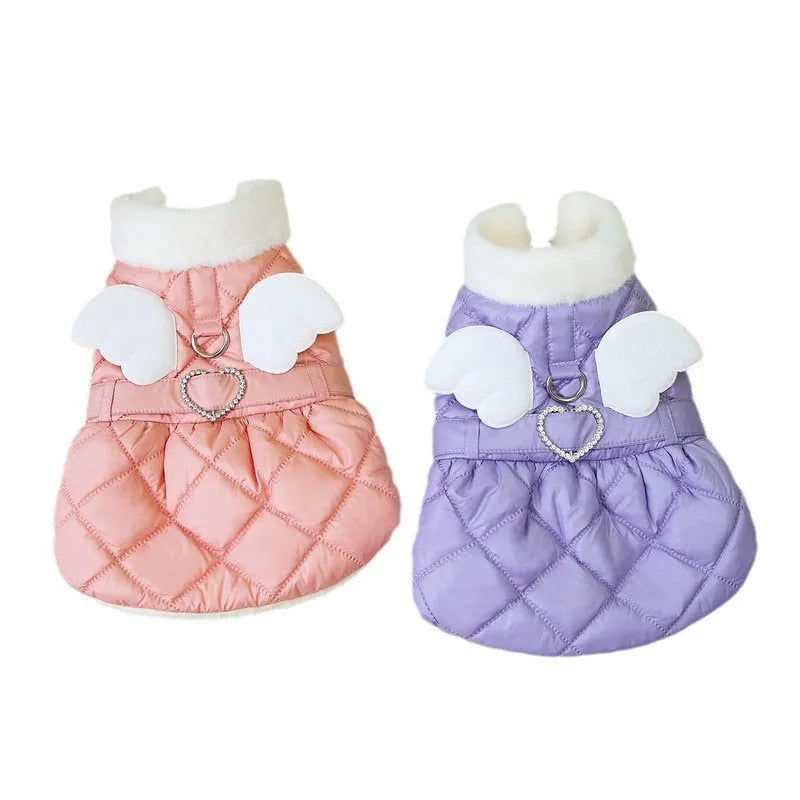 Small dog wearing pink polyester skirt with casual design and thickened construction