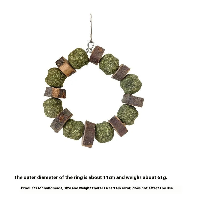 Small pet chew toy with straw ball ring design in colour sequin and applewood styles