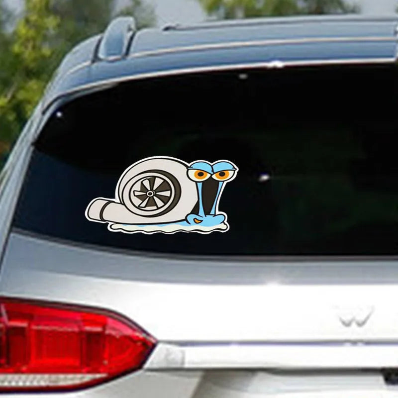 Colourful reflective cartoon snail car bumper sticker measuring 12 by 8 centimetres.