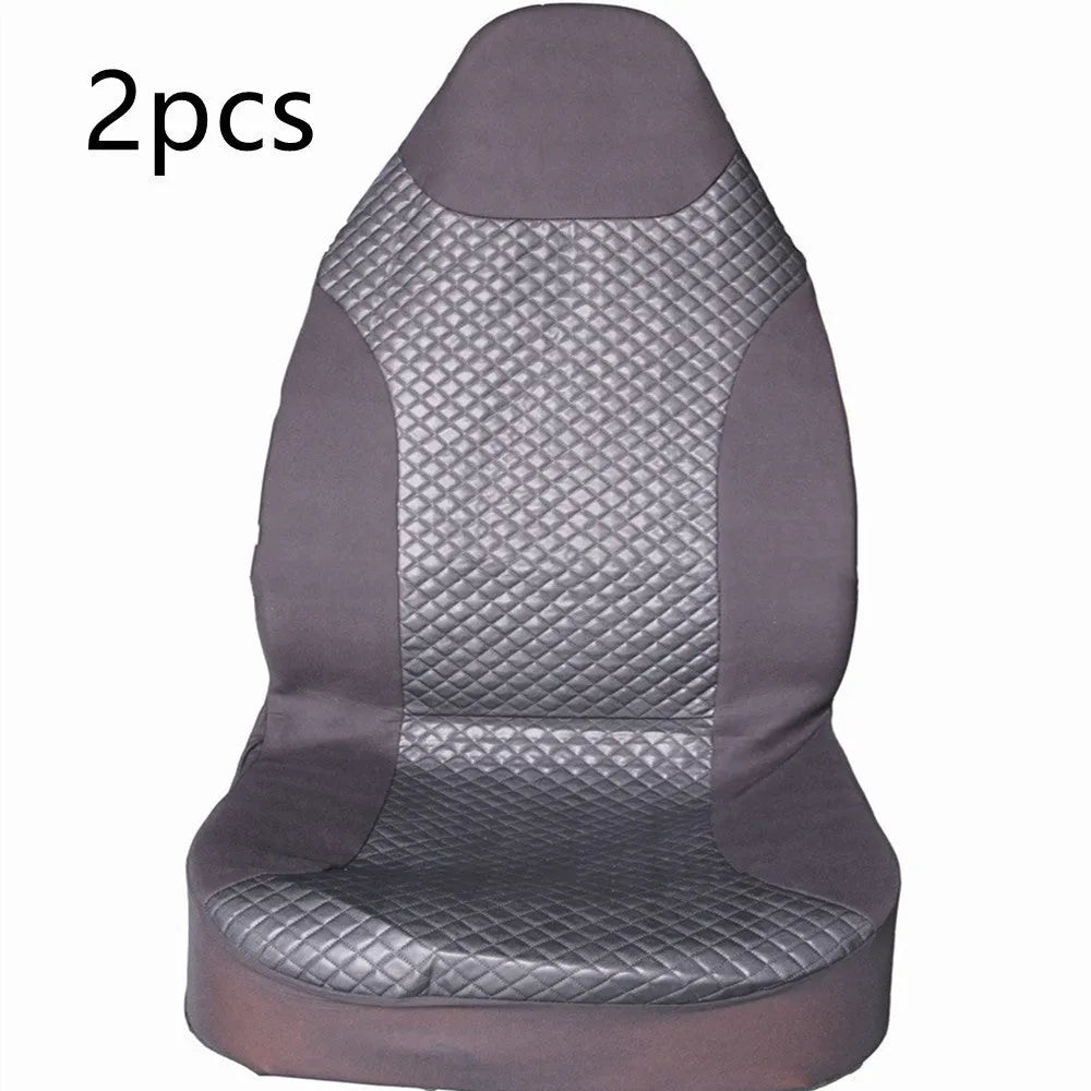Black quilted universal car seat cover made of PU leather and polyester composite with plastic hooks.