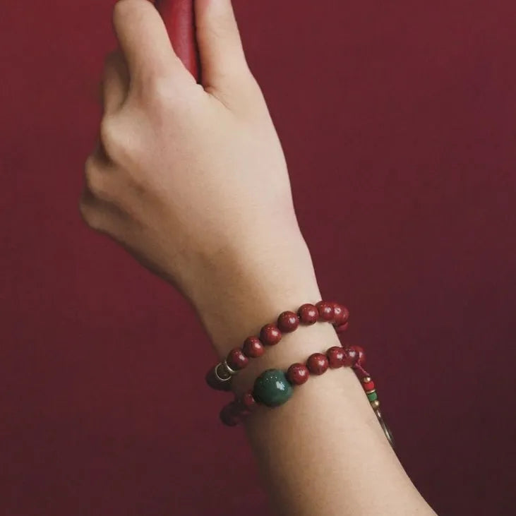 Natural bodhi seed double circle bracelet showing manual craftsmanship and layered design