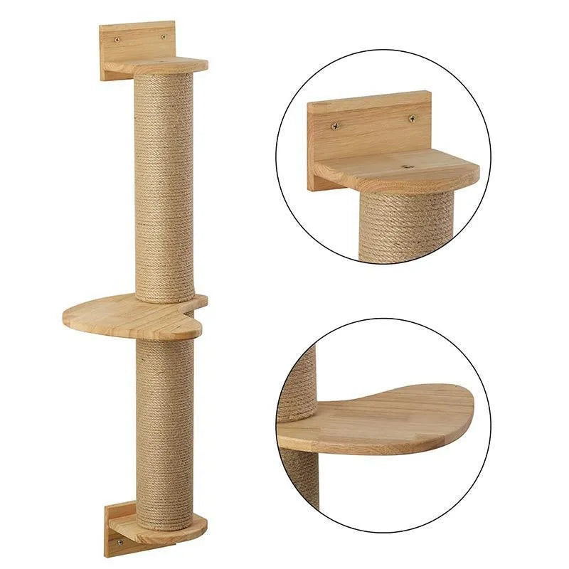 Wooden wall-mounted cat climbing frame with sisal rope scratching posts and khaki fabric panels