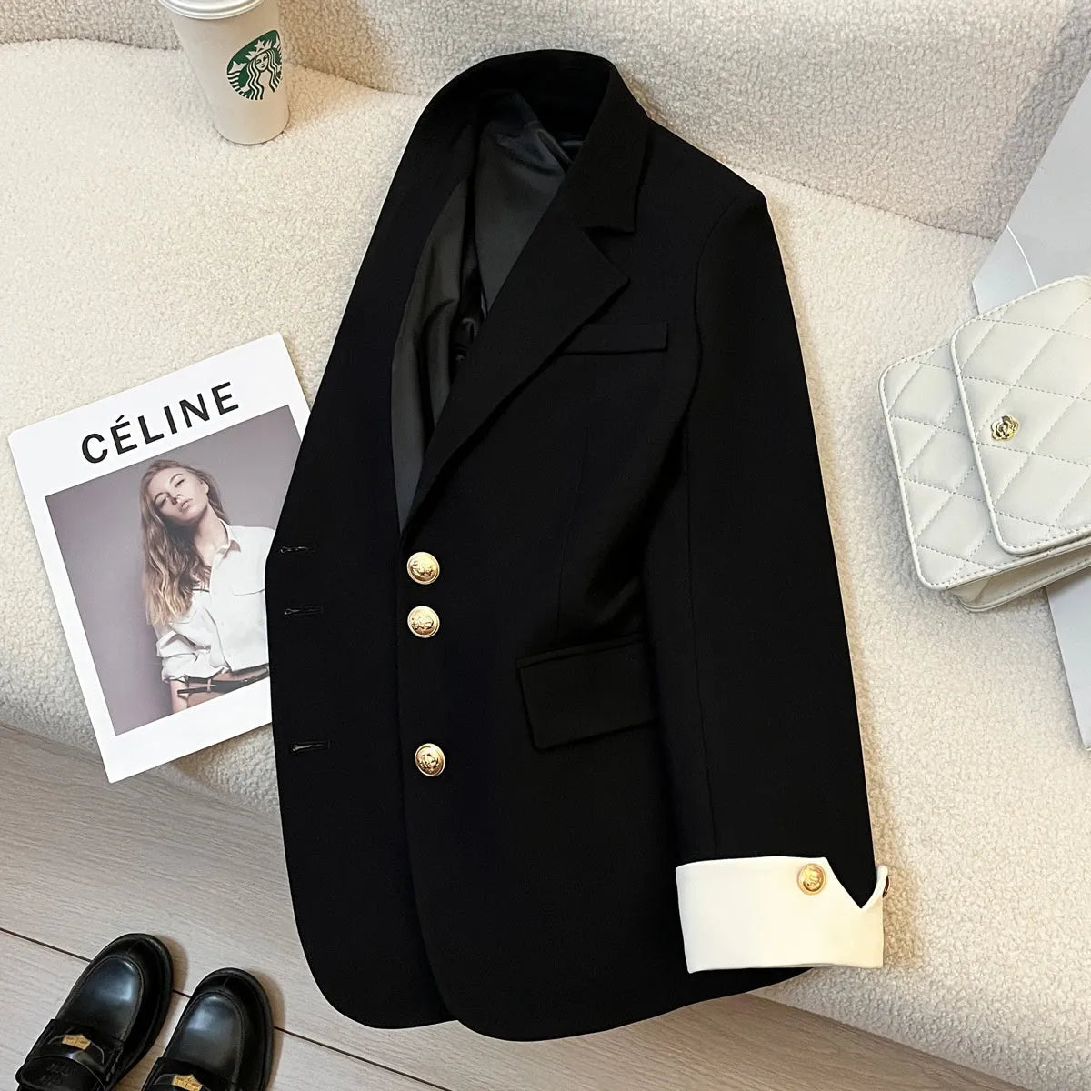 Korean style loose fit women's coat in beige and black with long sleeves and pockets.