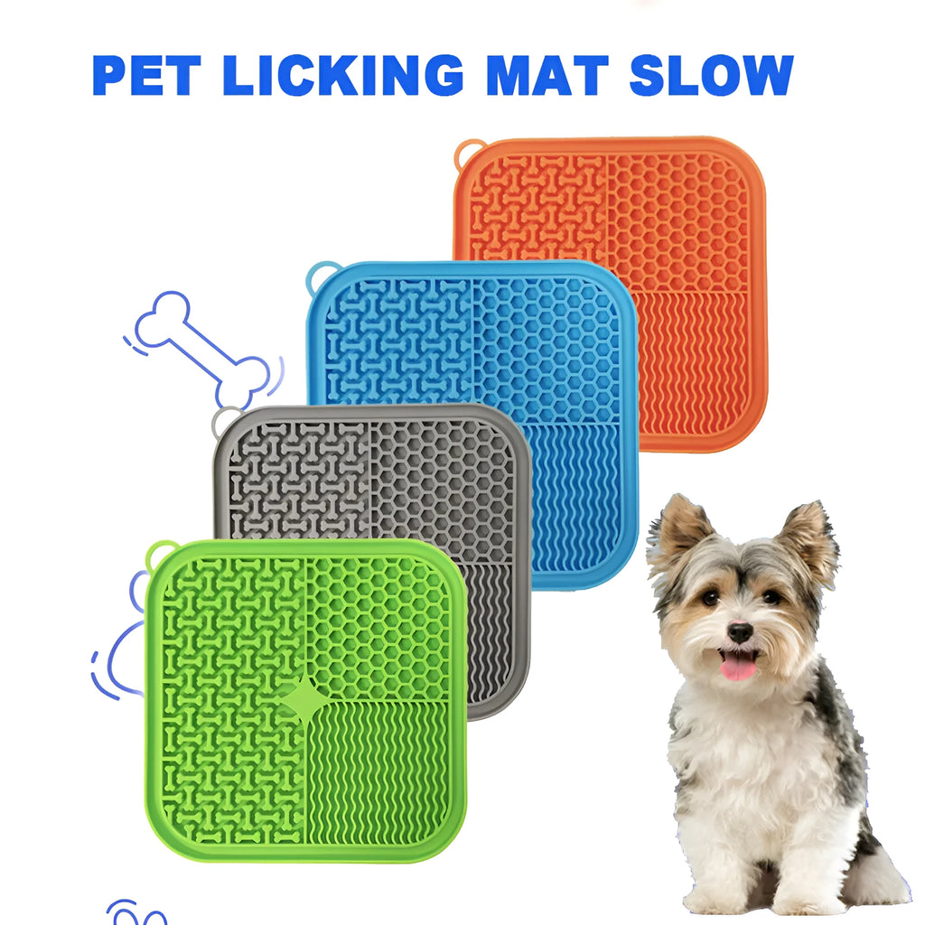Blue silicone dog licking mat with suction cups on back, textured surface for slow feeding.