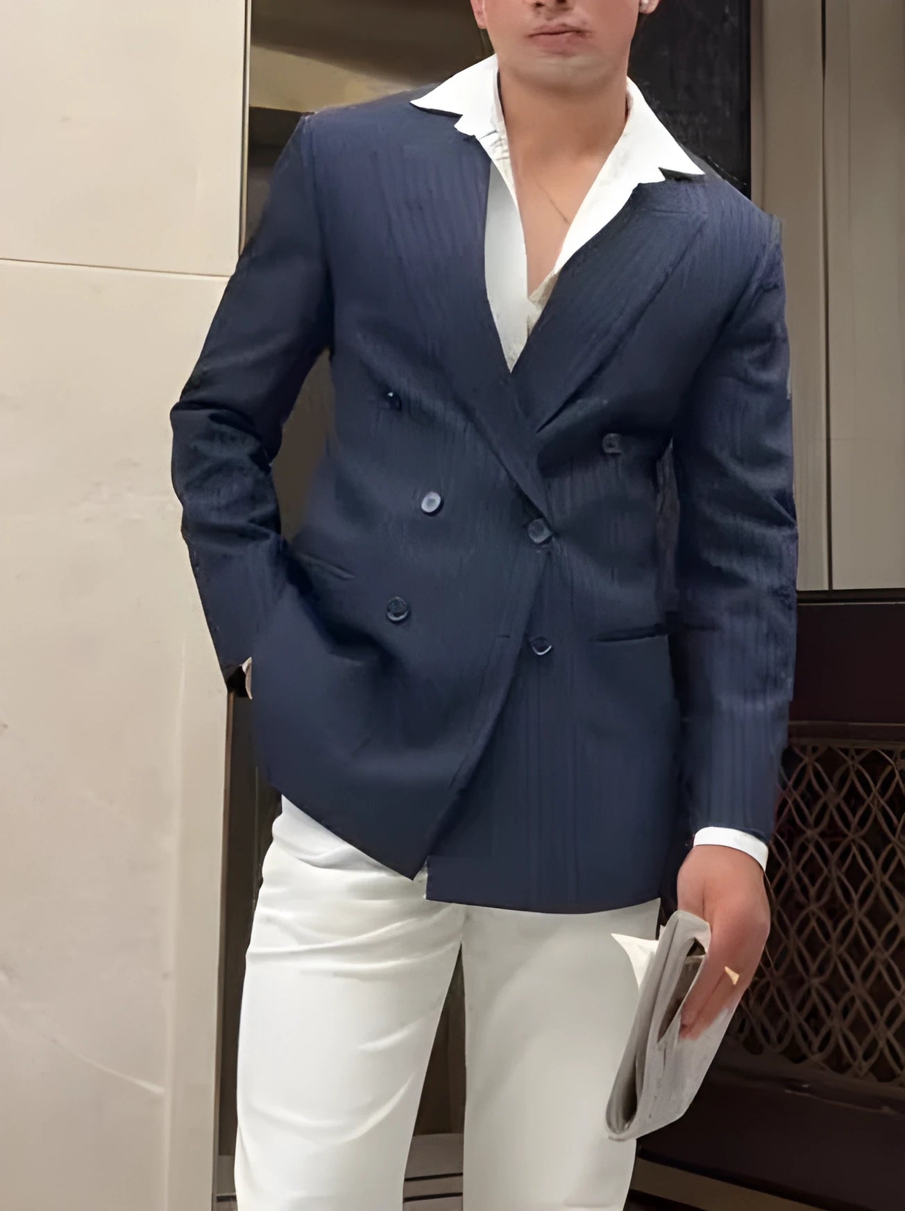 Men's striped double breasted blazer in regular length with classic styling