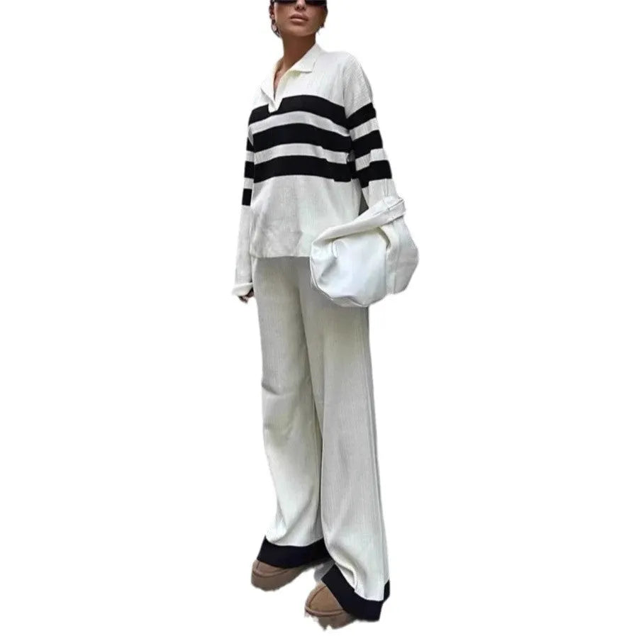 Women's black and white striped polo collar knit top with matching trousers casual two-piece set