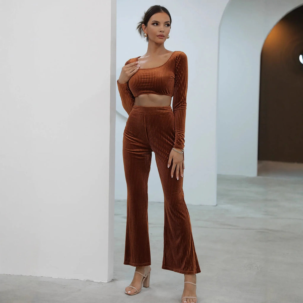 Caramel brown women's long sleeve sweater and matching lounge pants set on a hanger.
