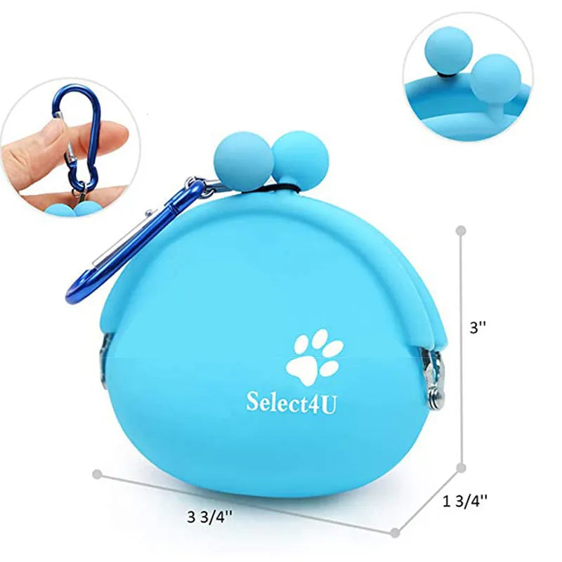 Yellow silicone dog training treat pouch with hook-and-loop closure, shown clipped to a waistband.