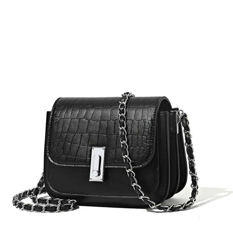 Black soft PU leather women's chain crossbody bag with square shape and chain strap