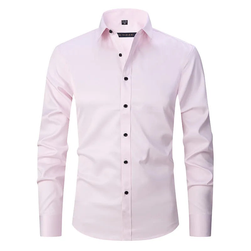 Men's stretch long sleeve work shirt in polyester fabric shown in a light colour, featuring a button front and long sleeves.