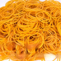 Yellow rubber bands in seven sizes from 16mm to 70mm diameter in a 500g bulk pack